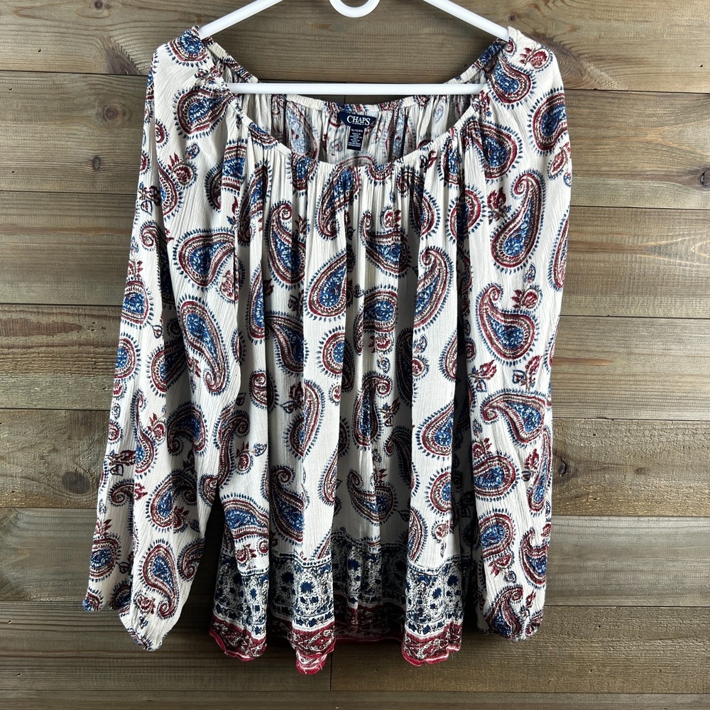 Chaps Womens Shirt Long Sleeve Paisley‎ Crinkle Elastic Round Neck Boho Size XL